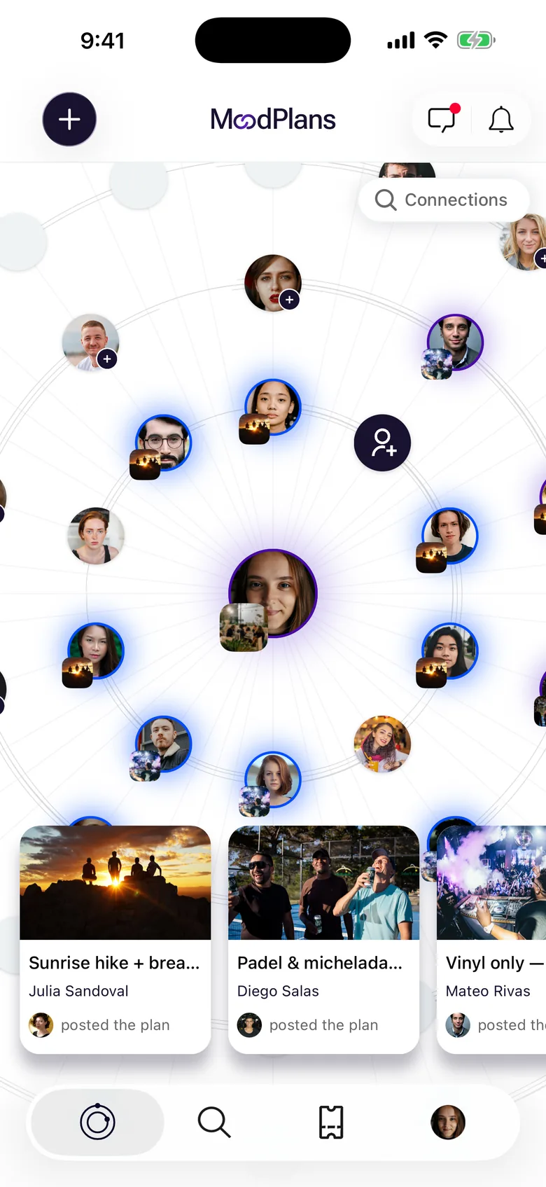The MoodPlans graph: connections in orbit, lit up when they have a plan up or are going out