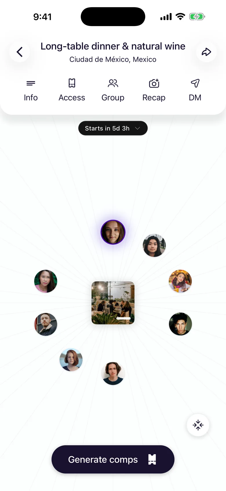 A MoodPlans plan: its guests in orbit around whoever posted it